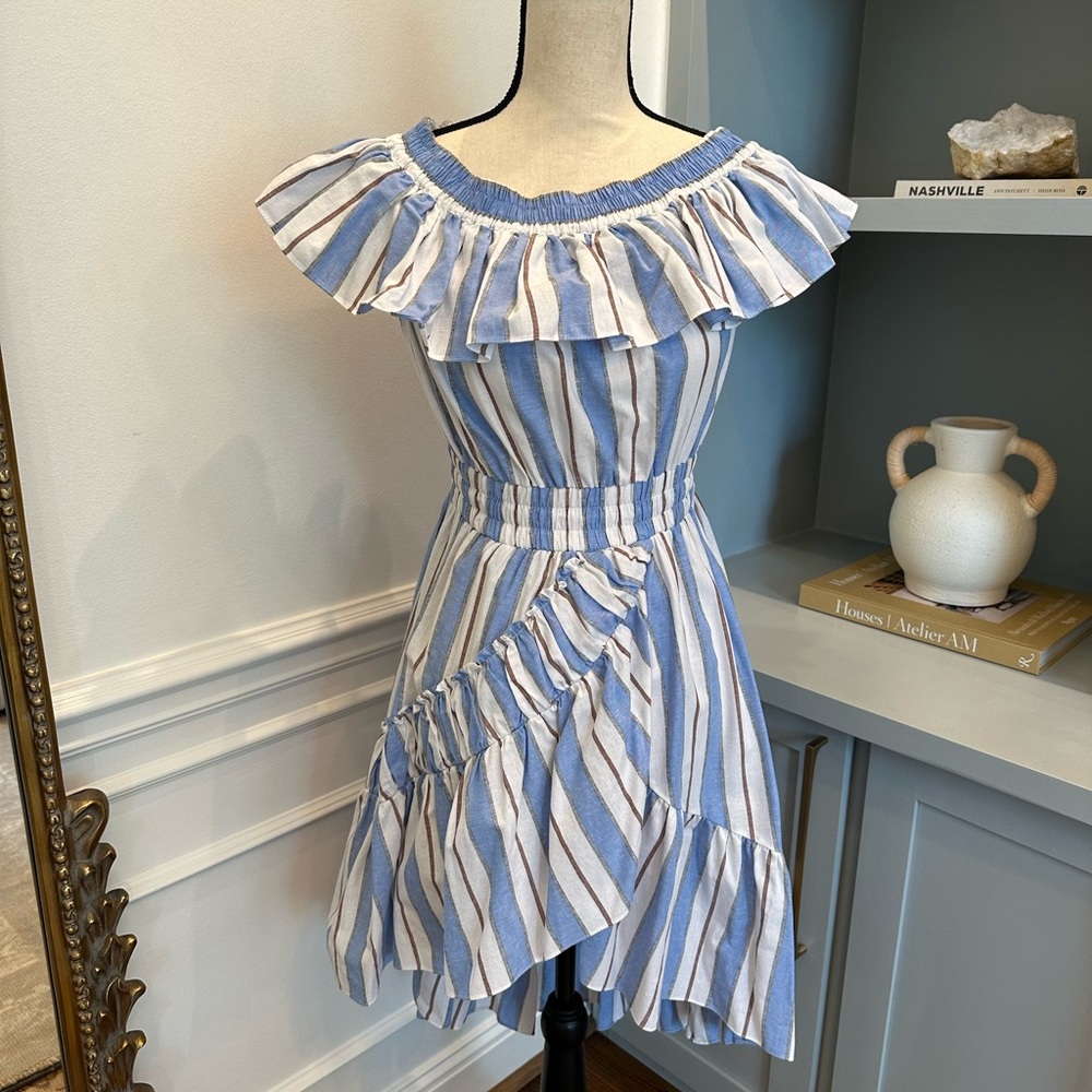 MISA blue white stripes high low dress size small